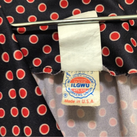 ILGWU Women's Size 6 Navy Blue/Red/Tan Long Puff Sleeve Polka Dot/Striped Dress - Picture 9 of 11